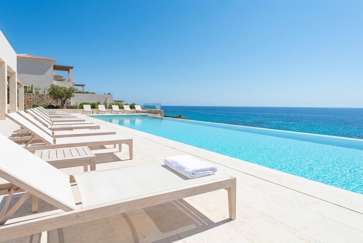 White stone infinity pool at a bright coastal resort overlooking the sea